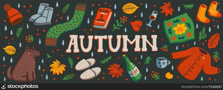 Autumn horizontal banner or social media cover. Autumn essentials warm clothes, autumn berries and leaves, book, ets. Fall season elements on dark background. Flat style hand drawn vector illustration. Autumn horizontal banner or social media cover. Autumn essentials warm clothes, autumn berries and leaves, book, ets. Fall season elements on dark background. Flat style hand drawn vector illustration.