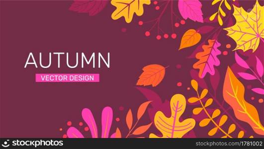 Autumn horizontal banner with colorful autumn leaves and place for text.Fall season flyers,presentations, reports promotion,web,leaflet, poster,invitation,website or greeting card. Vector illustration. Autumn banner with autumn leaves, place for text.