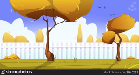 Autumn house backyard with yellow trees, bushes, fallen leaves on grass lawn and white wooden fence. Fall cottage garden landscape, patio, empty home back yard cartoon background, Vector illustration. Autumn house backyard with yellow trees, bushes