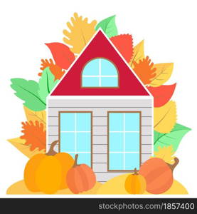 Autumn house with colorful leaves and pumpkins vector. Rural cottage in the autumn season. Postcard fall leaves. A colorful hut decorated with sheets, flat illustration.. Autumn house with colorful leaves and pumpkins vector.