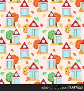 Autumn houses bright beautiful seamless pattern. Fall background with houses, colorful leaves, trees and pumpkins. Template for wallpaper, packaging, fabric and product design, vector illustration.. Autumn houses bright beautiful seamless pattern.