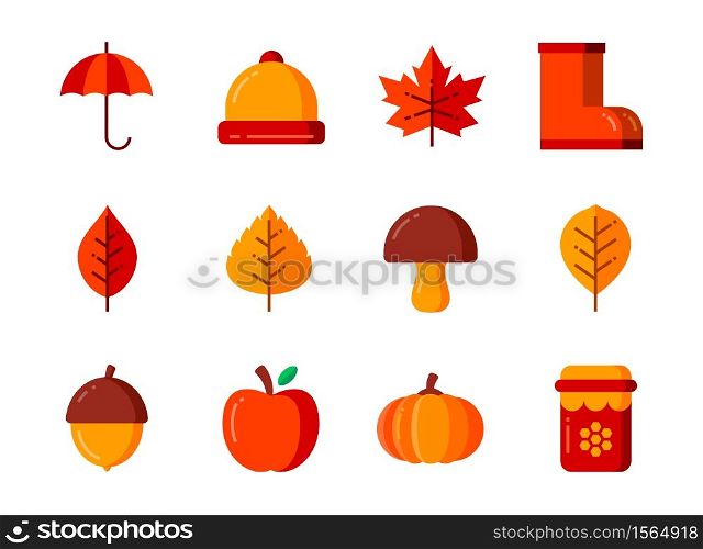 Autumn icon set with flat color style. Symbols for website, magazine, app and design.
