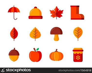 Autumn icon set with flat color style. Symbols for website, magazine, app and design.