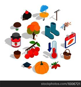 Autumn icons in isometric 3d style. October set collection vector illustration. Autumn icons set, isometric 3d style