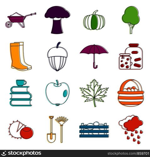 Autumn icons set. Doodle illustration of vector icons isolated on white background for any web design. Autumn icons doodle set