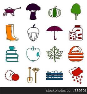 Autumn icons set. Doodle illustration of vector icons isolated on white background for any web design. Autumn icons doodle set