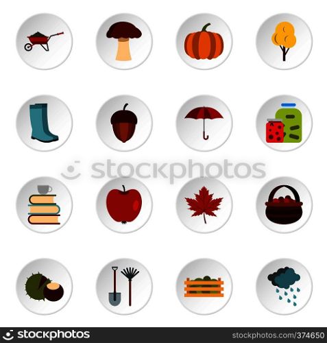 Autumn icons set. Flat illustration of 16 autumn vector icons for web. Autumn icons set, flat style