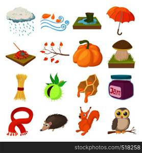 Autumn icons set in cartoon style isolated on white background. Autumn icons set, cartoon style