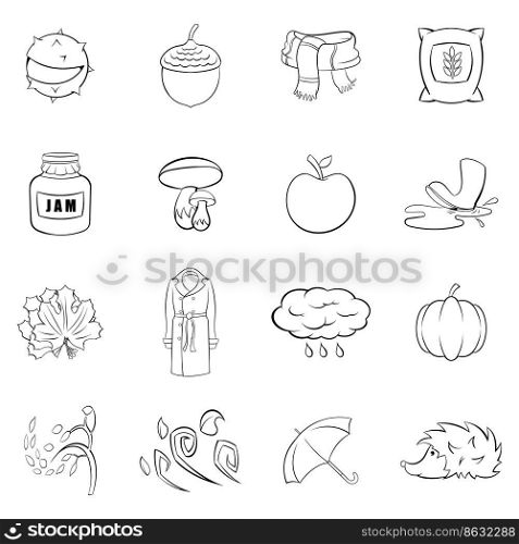 Autumn icons set in outline style isolated on white background. Autumn icons set vector outline