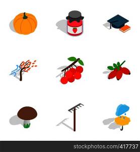 Autumn icons set. Isometric 3d illustration of 9 autumn vector icons for web. Autumn icons, isometric 3d style