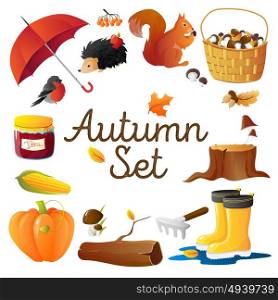 Autumn Icons Set Round Composition Poster . Round composition of autumn seasonal attributes with red umbrella pumpkin mushrooms rakes and hedgehog isolated vector illustration
