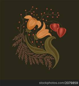 Autumn illustration with flowers, berries and physalis. Floral ornament on a dark background. Vector natural image with bouquets for banner, sticker and badges. Autumn illustration with flowers, berries and physalis. Floral ornament on a dark background. Vector natural image