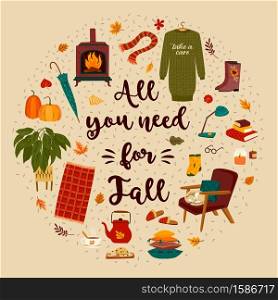 Autumn illustration with homely cute things. Vector design for card, poster, flyer, web and other users.. Autumn illustration with homely cute things. Vector design