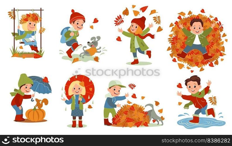 Autumn kids. Cute little children playing with fallen foliage and jumping through rain puddles. Outdoor games. Orange leaves. Seasonal fun. Happy boys and girls walking in park. Splendid vector set. Autumn kids. Cute little children playing with fallen foliage and jumping through rain puddles. Orange leaves. Seasonal fun. Happy boys and girls walking in park. Splendid vector set