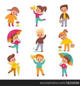Autumn kids. Happy children in offseason clothing playing with fallen leaves, collect mushrooms, jumping puddles, boys and girls hold umbrellas. Rainy day activities. Vector cartoon flat isolated set. Autumn kids. Happy children in offseason clothing playing with fallen leaves, collect mushrooms, jumping puddles, boys and girls hold umbrellas. Vector cartoon flat isolated set
