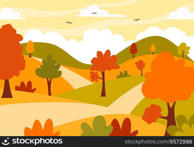 Autumn Landscape Background Vector Illustration with Mountains, Fields, Trees and Fall Leaves in Flat Cartoon Natural Season Panorama Templates