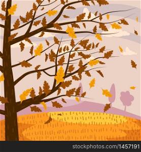 Autumn landscape fall tree with falling yellow brown red leaves romantic view. Autumn landscape fall tree with falling yellow brown red leaves romantic view. Template poster, brochures, posters, postcards vector, isolated, cartoon style