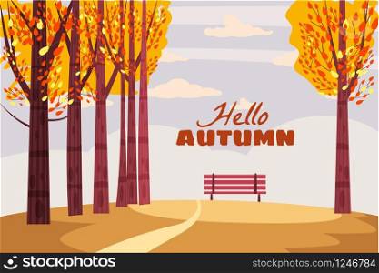 Autumn landscape, fall trees with yellow leaves, lonely bench for contemplation of autumn nature, vector. Autumn landscape, fall trees with yellow leaves, lonely bench for contemplation of autumn nature, vector, isolated, cartoon style