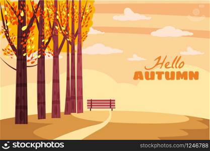 Autumn landscape, fall trees with yellow leaves, lonely bench for contemplation of autumn nature, vector. Autumn landscape, fall trees with yellow leaves, lonely bench for contemplation of autumn nature, vector, isolated, cartoon style