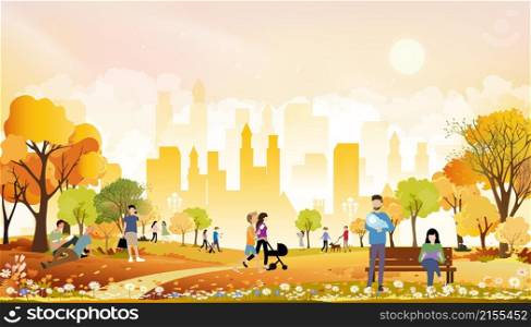 Autumn landscape in city park with happy people having fun, family walking the dog,boy talking on phone, man reading news paper and a girl sitting on bench having coffee reading book in orange foliage