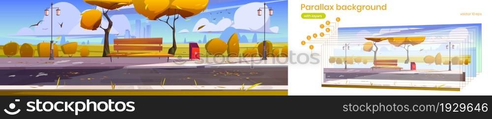 Autumn landscape of city park with orange trees, wooden bench, lanterns and town buildings on skyline. Vector parallax background for 2d animation with cartoon illustration of empty public garden. Parallax background with autumn city park