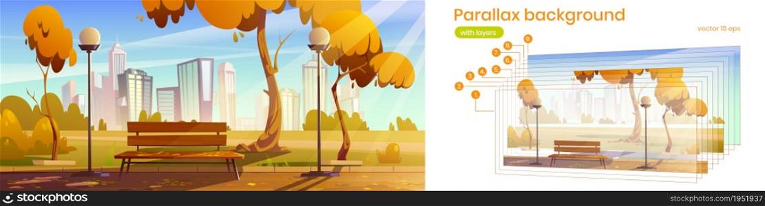 Autumn landscape of city park with wooden bench, orange trees, street lights and town buildings on skyline. Vector parallax background for 2d game animation with cartoon illustration of public garden. Parallax background with city park in autumn