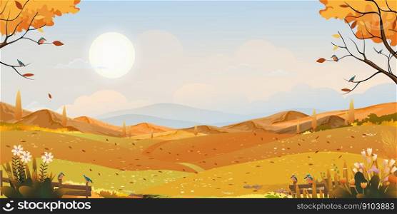 Autumn landscape of farm field with orange sky,Wonderland of Mid Autumn in countryside with cloud sky and Sun,Mountain,grass land in Orange foliage,Vector cartoon horizon banner fall season background