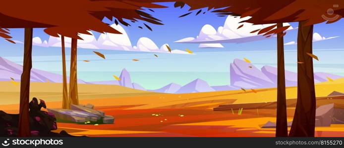 Autumn landscape of mountain valley with meadows and trees with orange leaves. Countryside with fields, stones, bushes with flowers, log and rocks on horizon in fall, vector cartoon illustration. Autumn landscape of mountain valley with trees