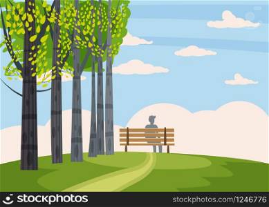 Autumn landscape, trees with yellow leaves, lonely bench for contemplation of autumn nature, vector. Autumn landscape, trees with yellow leaves, lonely bench for contemplation of autumn nature, vector, isolated, cartoon style