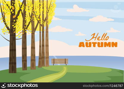 Autumn landscape, trees with yellow leaves, lonely bench for contemplation of autumn nature, vector. Autumn landscape, trees with yellow leaves, lonely bench for contemplation of autumn nature, vector, isolated, cartoon style