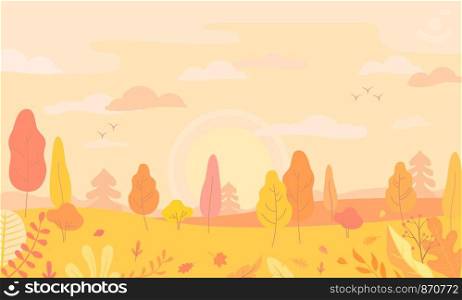 Autumn landscape view with yellow trees, panoramic scene of fall forest, Sunrise, clouds, maple and oak leaves on the ground, flowers and plant. Horizontal banner. Vector illustration.. Autumn landscape view with yellow trees.