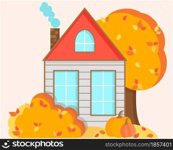 Autumn landscape with a house, tree, bushes and leaves. Vector illustration of a wooden house on fall colorful background. Harvesting season, flat.. Autumn landscape with a house, tree, bushes and leaves. Vector illustration