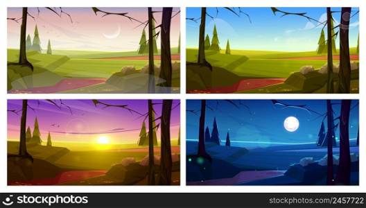 Autumn landscape with bare trees and firs at different time of day. Vector cartoon illustration of fall nature scene with coniferous trees on field in early morning, night, sunset, and noon. Autumn landscape at different time of day