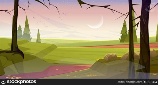 Autumn landscape with bare trees and orange leaves on green grass in early morning. Vector cartoon illustration of countryside with stones, coniferous trees, flying birds and moon in sky in fall. Autumn landscape in early morning