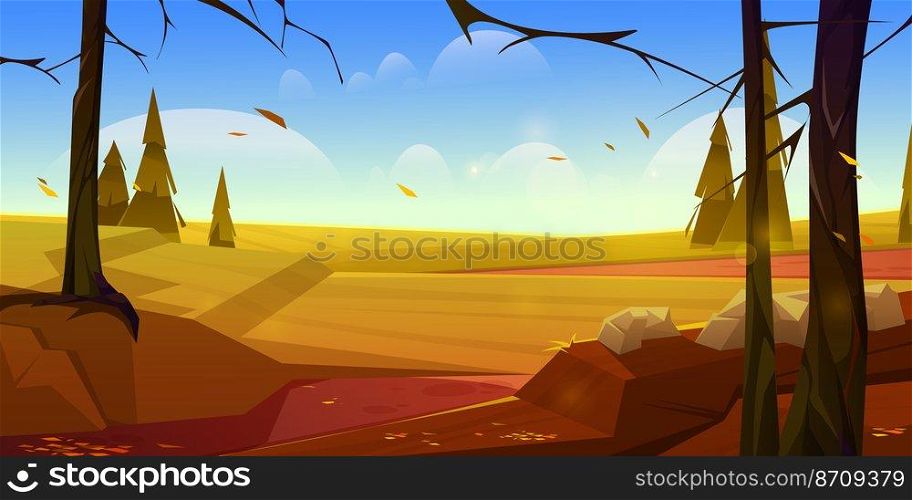 Autumn landscape with bare trees, orange grass and falling leaves. Vector cartoon illustration of countryside, rural scene with stones, conifers, tree trunks in fall. Autumn landscape with bare trees