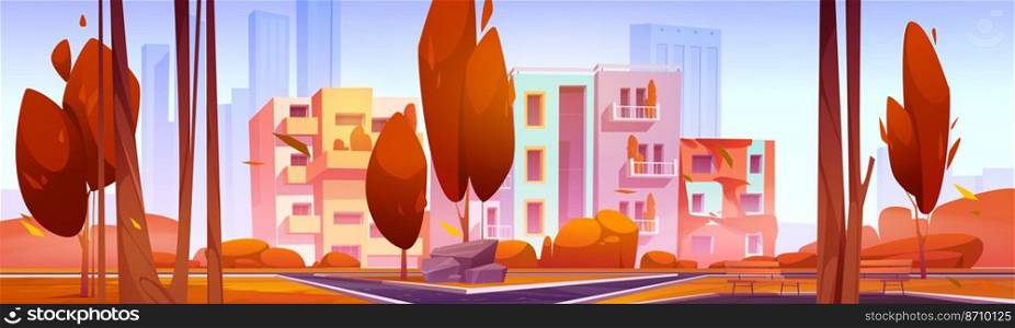 Autumn landscape with city park and eco houses with plants on balconies. Vector cartoon illustration of cityscape with public garden, modern buildings, benches, falling leaves, orange trees and grass. Autumn landscape with city park and eco houses