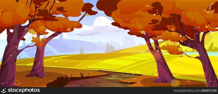 Autumn landscape with farm fields, forest and river. Rural scene, countryside with trees with orange foliage, yellow fields, lake and road in fall, vector cartoon illustration. Autumn landscape with farm fields, trees and river