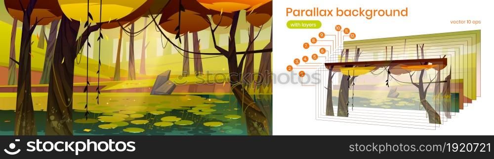 Autumn landscape with forest and lake. Vector parallax background for 2d animation with cartoon illustration of pond with water lilies, trees with yellow foliage, green grass and stone. Parallax background with autumn forest and lake