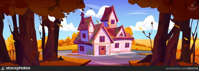 Autumn landscape with forest and village house. Nature scene with countryside cottage, garden with trees and bushes with orange foliage in fall, vector cartoon illustration. Autumn landscape with forest and village house