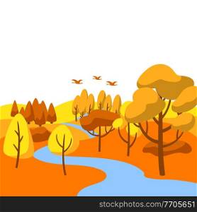 Autumn landscape with forest, trees and bushes. Seasonal nature illustration.. Autumn landscape with forest, trees and bushes.