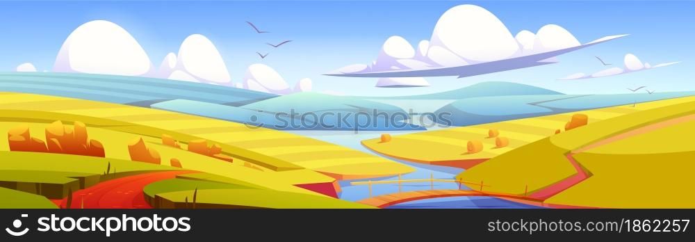 Autumn landscape with hay bales on agriculture field, road and wooden bridge over river. Vector cartoon illustration of countryside, farmland with round wheat straw rolls and blue water stream. Autumn landscape with river and hay bales on field
