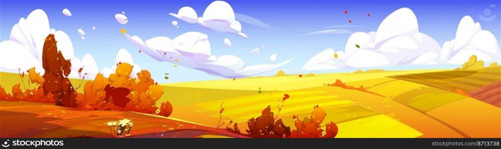 Autumn landscape with orange agriculture fields. Vector cartoon illustration of nature scene of countryside with farmlands in fall, harvest season. Autumn landscape with orange agriculture fields
