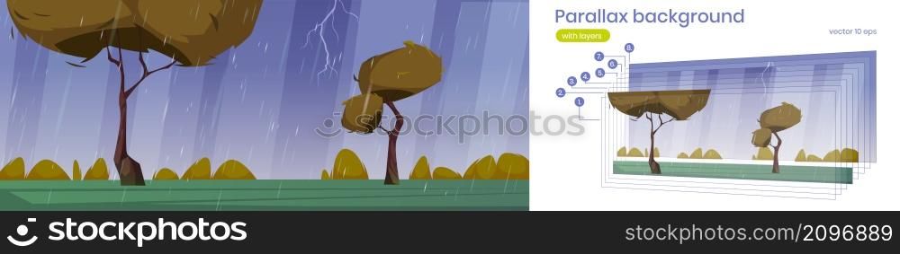 Autumn landscape with orange trees and bushes in rain. Vector parallax background for 2d animation with cartoon illustration of thunderstorm with lightning and falling water drops. Parallax background with autumn landscape in rain