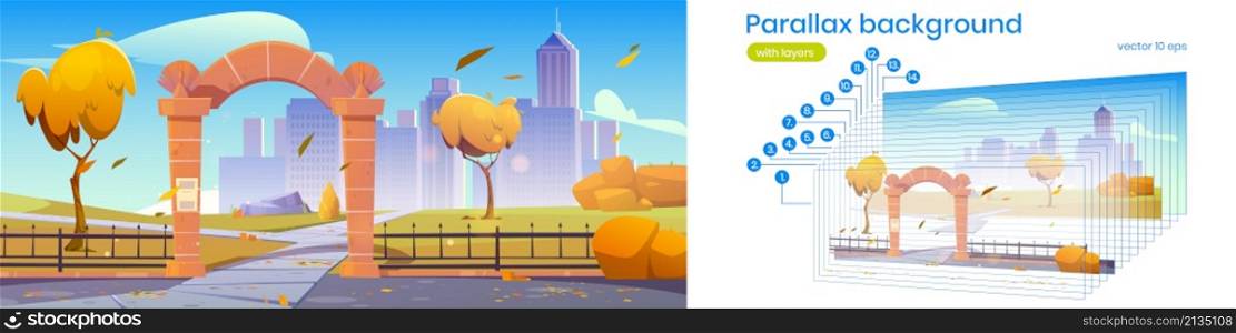 Autumn landscape with stone arch entrance to city park, metal fence and orange trees. Vector parallax background for 2d animation with cartoon public garden with archway entry and buildings on skyline. Parallax background, autumn landscape with arch