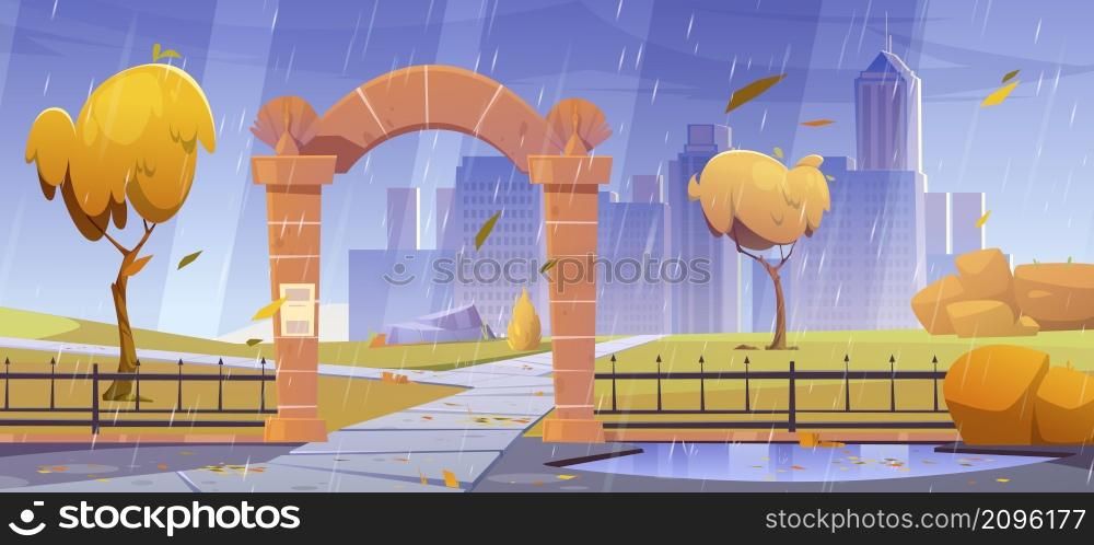 Autumn landscape with stone arch entrance to public park, metal fence and orange trees in rain. Vector cartoon illustration of town garden with archway portal, puddles and city buildings on skyline. Autumn landscape with stone arch entrance in rain