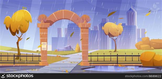 Autumn landscape with stone arch entrance to public park, metal fence and orange trees in rain. Vector cartoon illustration of town garden with archway portal, puddles and city buildings on skyline. Autumn landscape with stone arch entrance in rain