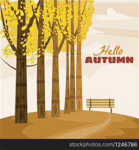Autumn landscape with trees, hills, branch, and fall leaves, vactor illustrations. Autumn landscape with trees, hills, branch, and fall leaves, vactor illustrations, cartoon style