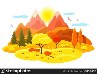 Autumn landscape with trees, mountains and hills. Seasonal illustration. Autumn landscape with trees, mountains and hills. Seasonal illustration.