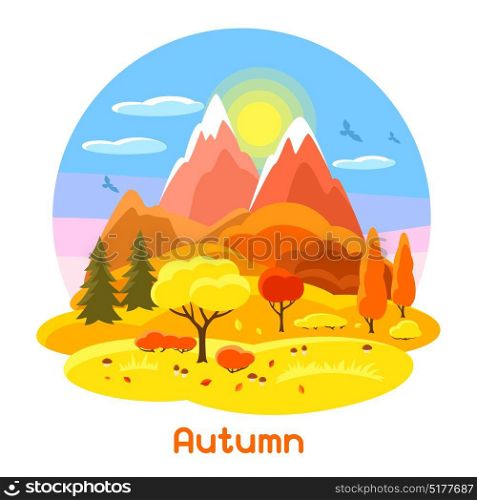 Autumn landscape with trees, mountains and hills. Seasonal illustration. Autumn landscape with trees, mountains and hills. Seasonal illustration.