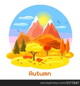 Autumn landscape with trees, mountains and hills. Seasonal illustration. Autumn landscape with trees, mountains and hills. Seasonal illustration.